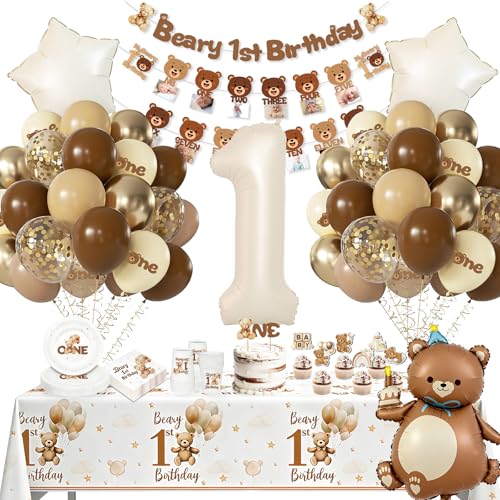 Beary premier anniversaire décorations, premier anniversaire décorations pour garçons filles, 1er ours décorations de fête à thème avec des ballons, assiettes de papier, tasses, nappes, ours décoratio