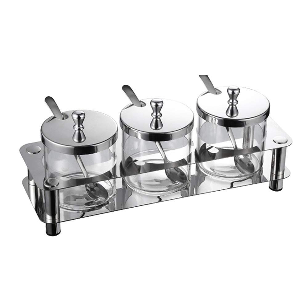 IANSHFKN Glass Seasoning Bottle, Sugar Bowl, Three-pot Design Set, Stainless Steel Salt Shaker Box