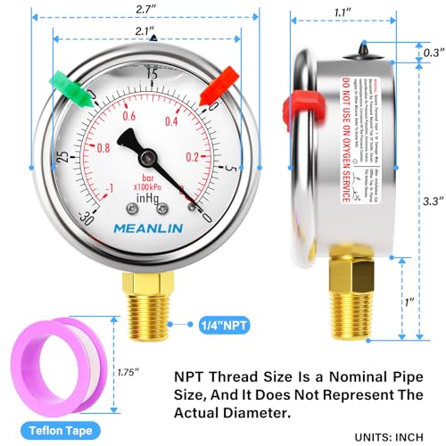 Image of MEANLIN MEASURE -30inHG~0Psi Vacuum Pressure Gauge 1 /4 inch NPT 2.5 inch FACE DIAL, Stainless Steel Liquid Filled Pressure Gauge WOG Water Oil Air Lower Mount (with 2PCS Snaps)