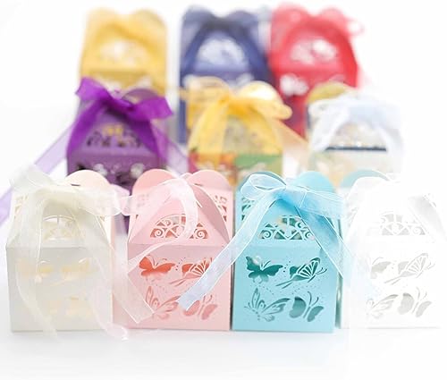 Miniatura 7 de Katutude Paquete de 50 cajas de regalo de mariposa, cajas de regalo de dulces con cintas, cajas de dulces para fiesta de boda, fiesta de cumpleaños,
