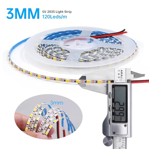 Tira LED 5V 2835 120 Leds/m ancho 3mm 5M blanco frío miniatura 3