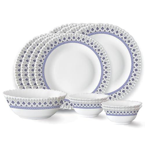 Image of Larah by Borosil Ocean Fluted Series Opalware Dinner Set | 13 Pieces for Family of 4 | Microwave & Dishwasher Safe | Bone-Ash Free | Crockery Set for Dining & Gifting | Plates & Bowls | White