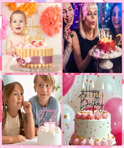 Image of 4Pcs Happy Birthday Cake Topper, Gold Pink Silver Black Cake Toppers for Cake Decoration, Elegant Cake Stand for Birthday, Cafe Display