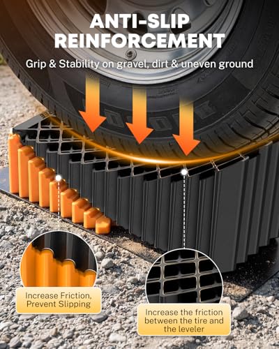 Image of Kohree RV Leveling Blocks, Levels Up to 5 inch, Supports Up to 50,000 lbs | 2 Curved Camper Levelers, 2 Wheel Chocks, 2 Rubber Mats, 1 Carry Bag, for Travel Trailers & Fifth Wheels, Orange