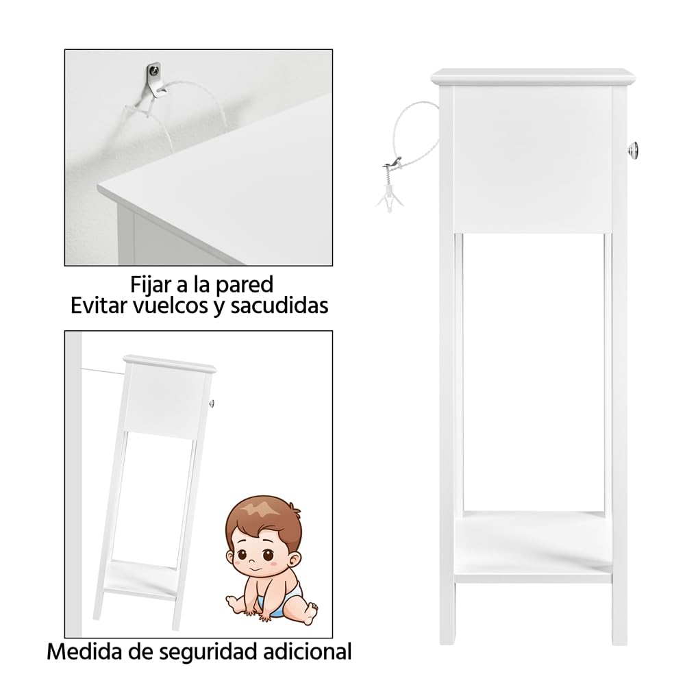 Yaheetech Mesita de Noche de Estrecha 25x25x70cm Mesita de Noche Alto con Cajón Mueble para Teléfono de Sofá, Dormitorio Color Blanco