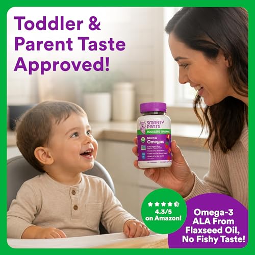 Image of SmartyPants Toddler Organic Multi & Omegas Multivitamin Gummies with Omega 3 ALA, Vitamins D3, C, B12, B6, A, K, Zinc, Biotin, Clean Label, Mixed Berry and Cherry Flavors, 60 Gummies (30 Day Supply)