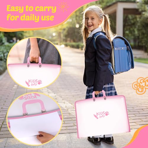 Image of 11x17 Kids Art Portfolio - Accordian File Organizer with 13 Pockets, Art Portfolio for Kids with Handle and Zipper Closure - Oxford Cloth, Frosted Translucent Artwork Folder for Children - Pink