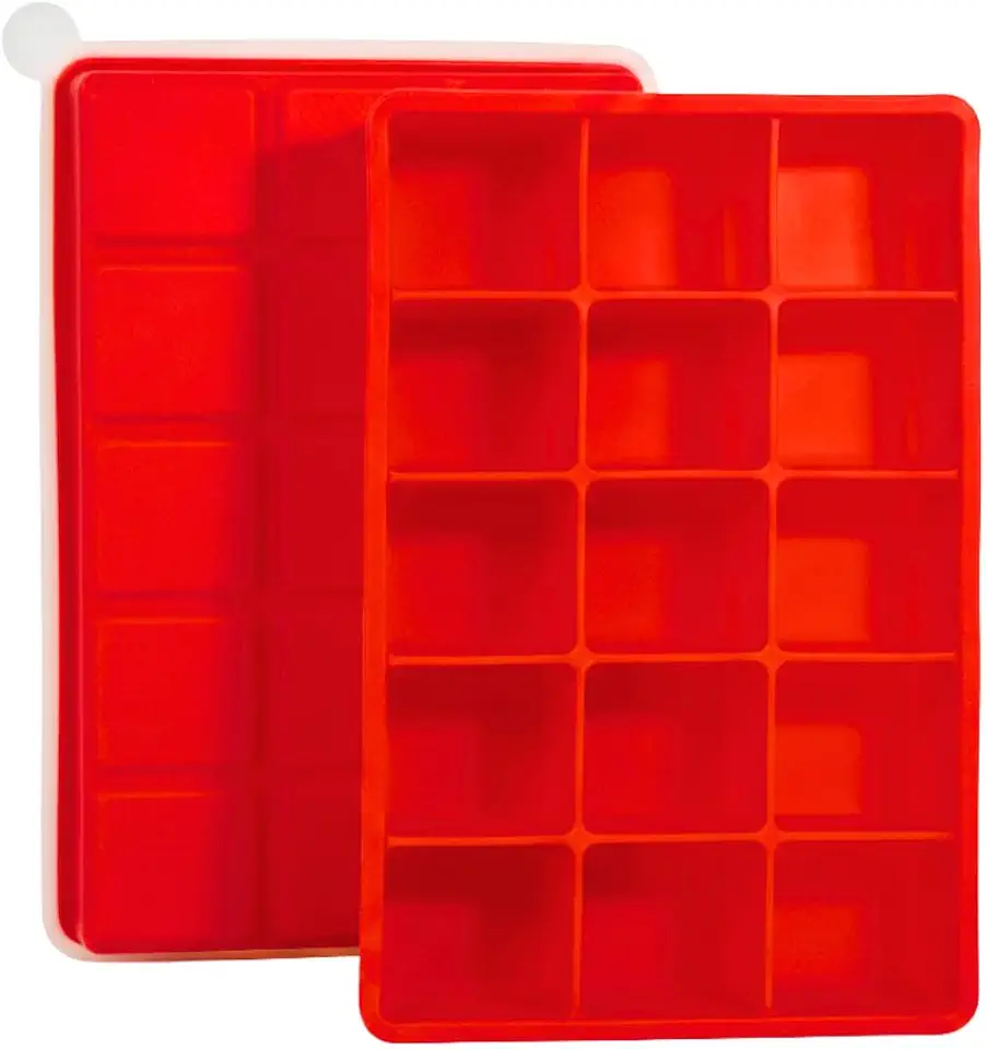 SYMEON Forma de Gelo Silicone Com Tampa Livre de BPA Flexivel 15 Cubos de 27ml Cada Prática Resistente e Reutilizável Forma Para Papinha Gelatina Frutas (VERMELHO)
