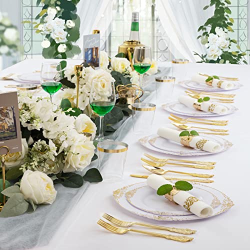 Nervure 175Pcs White And Gold Plastic Plates & Gold Plastic Silverware - Include 25White Dinner Plates,25Gold Dessert Plates, 25Forks, 25Spoons, 25Knives, 25Cups 25Napkins For Wedding & Party #TOP3