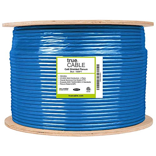 Truecable Cat6 Plenum Shielded (Cmp), 1000Ft, Blue, 23Awg Solid Bare Copper, 550Mhz, Poe++ (4Ppoe), Etl Listed, Overall Foil Shield (Ftp), Bulk Ethernet Cable #TOP3