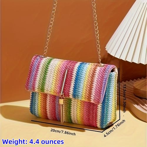 Straw Crossbody Bags for Women Trendy Fashion Tassel Decorated Summer Beach Casual Striped Pattern Flap Shoulder Bag4