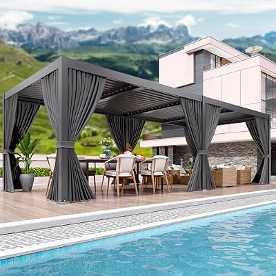 LEVELEVE 10' x 20' Louvered Pergola with Adjustable Roof, Outdoor Metal Patio Gazebo with Curtains & Netting, Gutter System, Large Hardtop Canopy for Garden, Deck, Backyard
