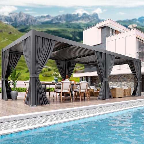 LEVELEVE 10 x 20 Louvered Pergola with Adjustable Roof Outdoor Metal Patio Gazebo with Curtains & Netting Gutter System Large Hardtop Canopy for Garden Deck Backyard