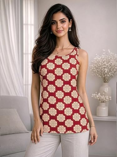 Image of Aahwan Printed Back Deep Round Neck Sleeveless Short Tunic Top & Kurti for Women's & Girl's