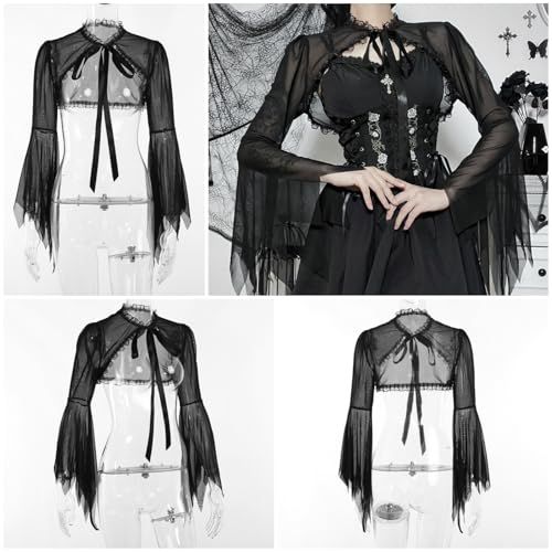 Image of Women Gothic Crop Top Shirt Y2K Black Bell Sleeve Shawl Cardigan