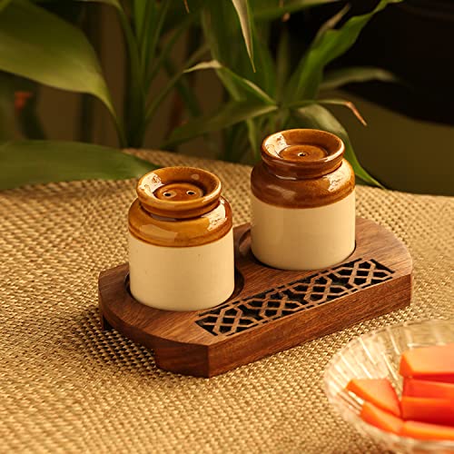 Image of ExclusiveLane 'Royal' Ceramic Salt Pepper Set for Dining Table with Wooden Tray (80 ML, Brown & Cream) | Salt and Pepper Container for Dinning Table Salt and Pepper Dispenser Salt and Pepper Shaker