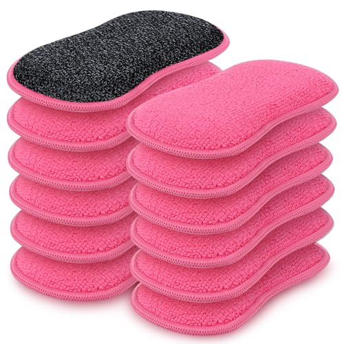 HOMEXCEL 12 Pack Multi-Purpose Scrub Sponges Kitchen Dish Sponge Non-Scratch Microfiber Sponge for Efficiently Cleaning Dishes Pots Pans Pink