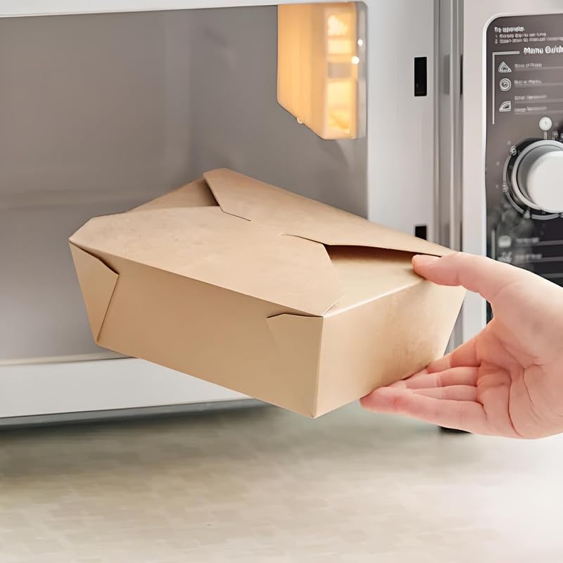 OCS Parts 50-Pack Heavy Duty Kraft Paper 45-Ounce Food Containers | 6" x 4 3/4" x 2 1/2" | Microwave Safe, Grease Resistant, Recyclable Containers for Takeout, Lunch, to Go, and Leftovers
