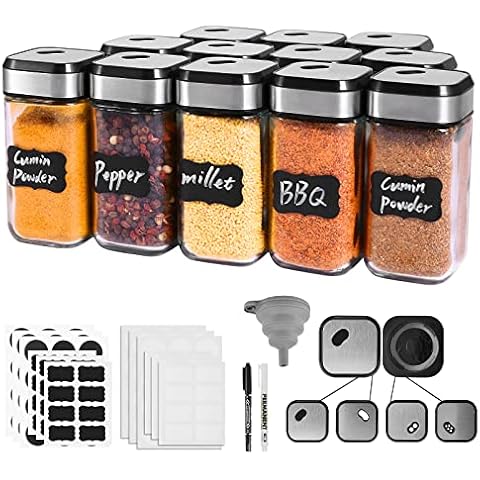 Gewürzgläser Eckig mit Streueinsatz, 12er Set 120ml Gewürzdosen Multifunktionaler Dichtungs Deckel aus Edelstahl Gewürzgläser Cover