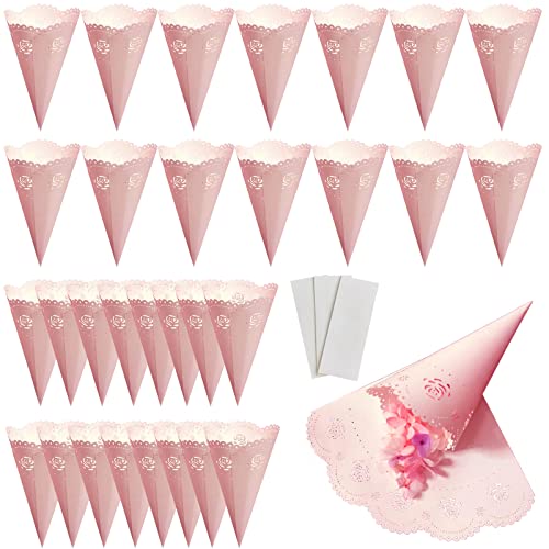 30 Piezas Conos de Papel Rosa para Boda, Bolsas de Confeti con Impresión Hueca, Platos de Flores de Caramelo(Rosa)