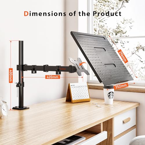 Redbat Monitorarm mit belüfteter Laptopablage, voll einstellbar für 13 bis 32 Zoll LCD LED Bildschirm & bis zu 16 Zoll Notebook, 2 Befestigungsmöglichkeiten, Neigen, Schwenken & Drehen – Bild 7