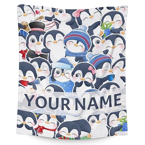 Custom Penguin Blankets with Name - Soft Warm Blanket Throw for Kids, Adults - 60"x80" Flannel Blankets for Bed, Couch, Sofa - Blue Cute Blanket Gifts