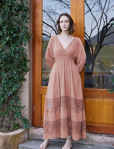 Image of Olaesa Long Sleeve Boho Maxi Dress for Women Lace Wedding Guest Dress | Spring Fall Bohemian Dress, Long Flowy Family Photo Dress with Pockets, V Neck Long Western Vacation Outfits