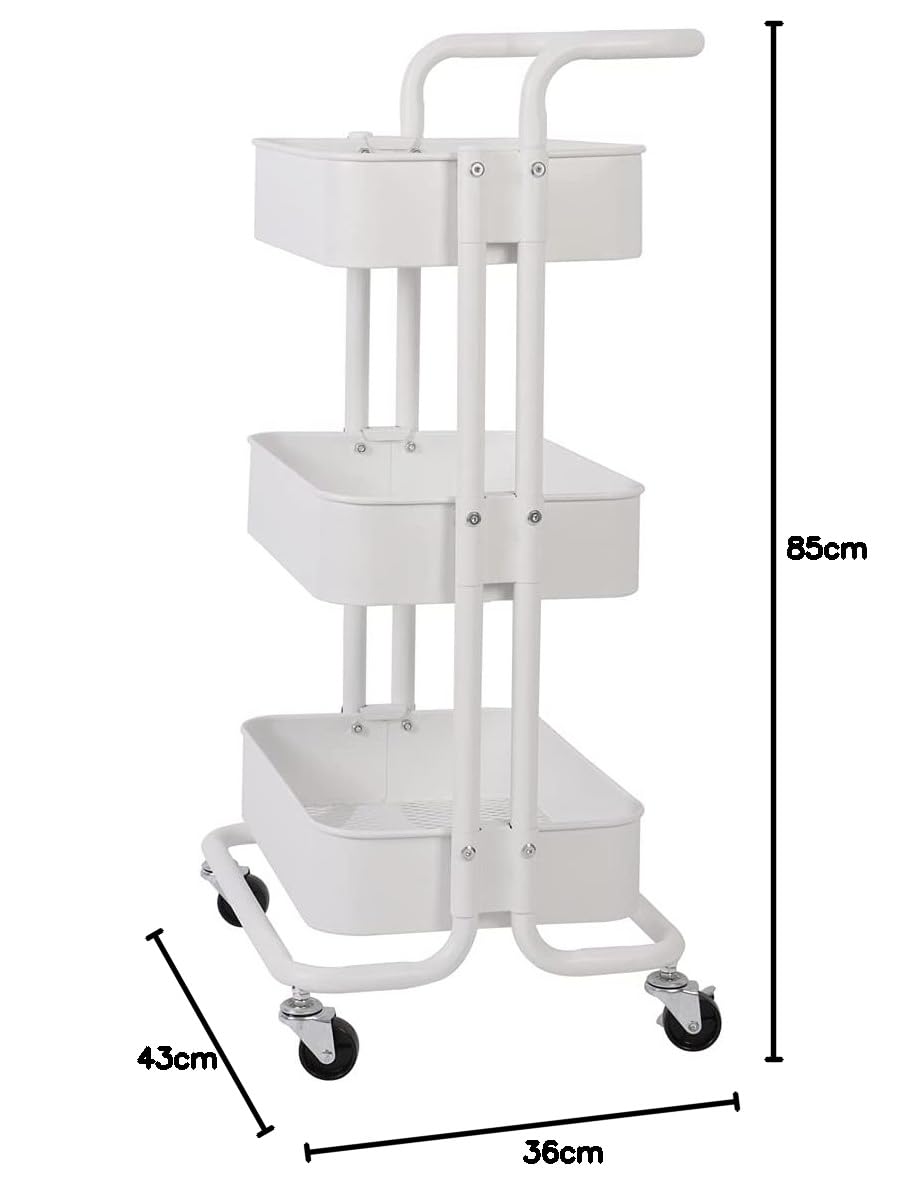 T-LoVendo Carro De Cocina Metalico con Ruedas. Carrito Auxiliar Multiuso.3 Cajones de Almacenamiento. 85x43x37cm. Ideal para Frutas, Verduras, Cocina, Salón, Oficina. Color Blanco