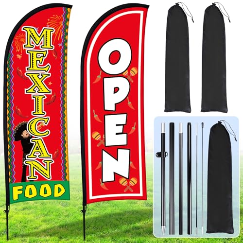 Buryeah 2 Sets Mexican Food and Open Feather Flag 7ft Mexican Food Open Banner Advertising Sign Swooper Flag with Pole Kit Ground Stake Portable Bag for Restaurants, Diners, Markets Business(Red)