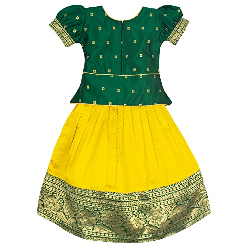 Image of Girls' Readymade Green and Yellow Woven Lehenga Choli Set(Green)