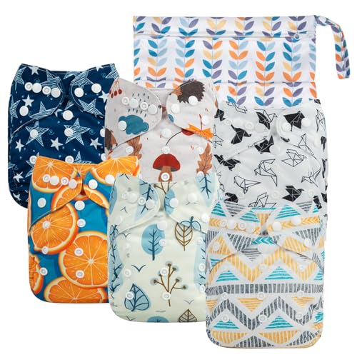 babygoal Cloth Diaper Covers 6 Pack with Wet Bag for Fitted Diapers and Prefolds with Double Gussets, Adjustable and Reusable for Baby Boys