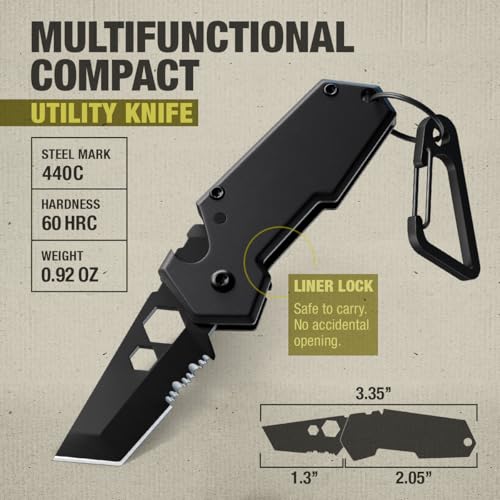 Image of Mini Keychain Knife with Carabiner - 1.3 inch Tanto Serrated Blade - 6 in 1 Black Multitool - Bottle Opener Box Cutter Liner Lock - EDC Gadgets - Legal Folding Small Pocket Sashimi Knives Pocket - 2248