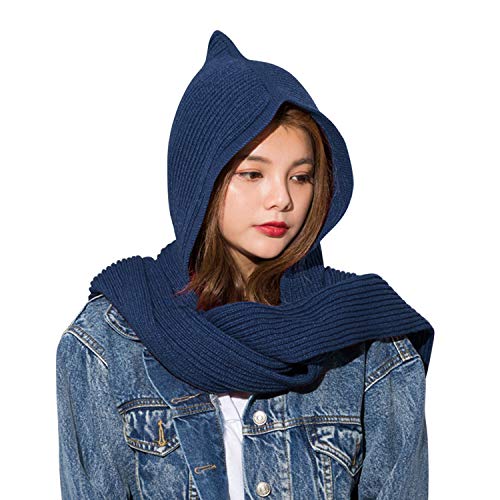 Petalum Écharpe Chapeau Femme Hiver Bonnet Cache-cou Oreillette à Capuche Chaud Thermique Coupe-Vent Long Tricoté Capuchon 2-en-1 Women Scarf Hat Doux Cover