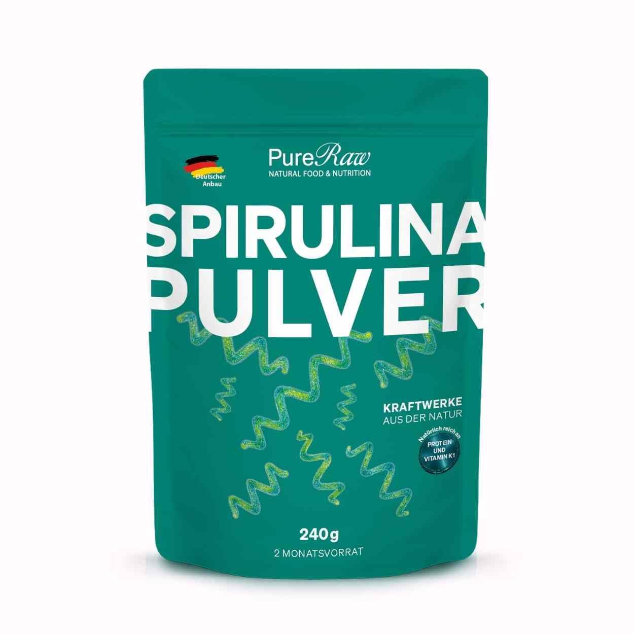 Spirulina Pulver 240 g aus Deutschland – Premium Spirulina Platensis Alge I 100% reine Mikroalge I Rohkostqualität & Vegan I Pflanzliche Proteinquelle I mit Vitamin K1 I Qualitätskontrolliert