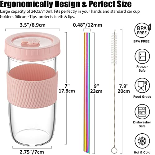 Reusable Boba Cup Glass Bubble Tea Cup 4 Pack, 24Oz Wide Mouth Smoothie Cups With Lids Straw & Silicone Sleeve, Leakproof Mason Jar Drinking Water Bottle Travel Tumbler For Large Pearl Valentine Gifts #TOP2