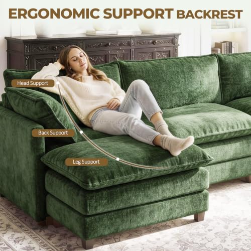 Image of 146 inch U-Shape Modular Sofa with 2 Ottomans, Deep Seat Cloud Convertible Sleeper, 2 Arm Pillows, Comfortable Large Upholstered Furniture for Living Room Apartment, Green