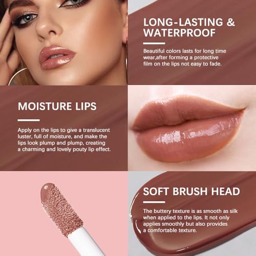 Image of 2PCS Lip Gloss with Brown Lip Liner Lip Combo Set - Caramel Latte Soft Brown Nude Shade for Chic Daily Makeup, Lip Plumping Effect, High Shine Gloss Finish, Overlined Lips for Fuller Looking Lips