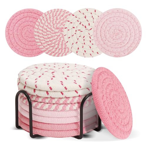 Pink Coasters Set of 8 with Holder 4 Color Cotton Rope Coaster for Drinks
