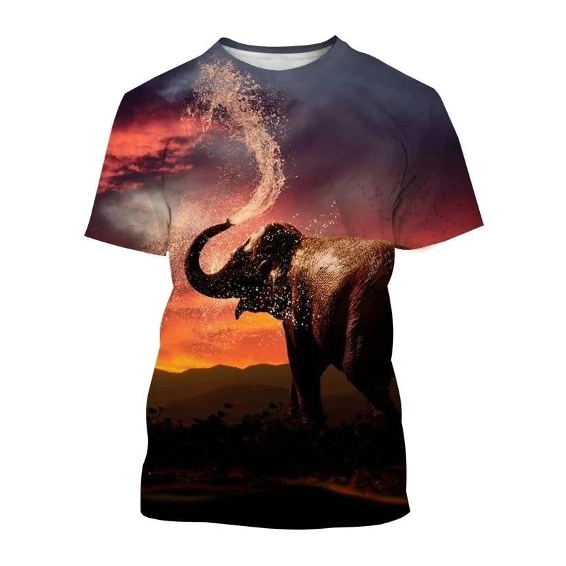 T-shirt imprimé éléphant 3D en grande taille avec col en O confortable