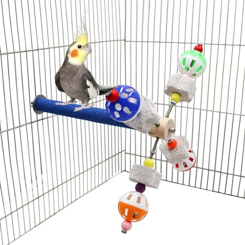 Image of Bird Perch Toy with Rotating Balls, Parrot Perch Stand with Calcium Stone Chew Toys, Bird Spinning Balls Toy, Bird Cage Accessory for Small Birds Parrots Parakeets Cockatiels Lovebirds Budgies, Black