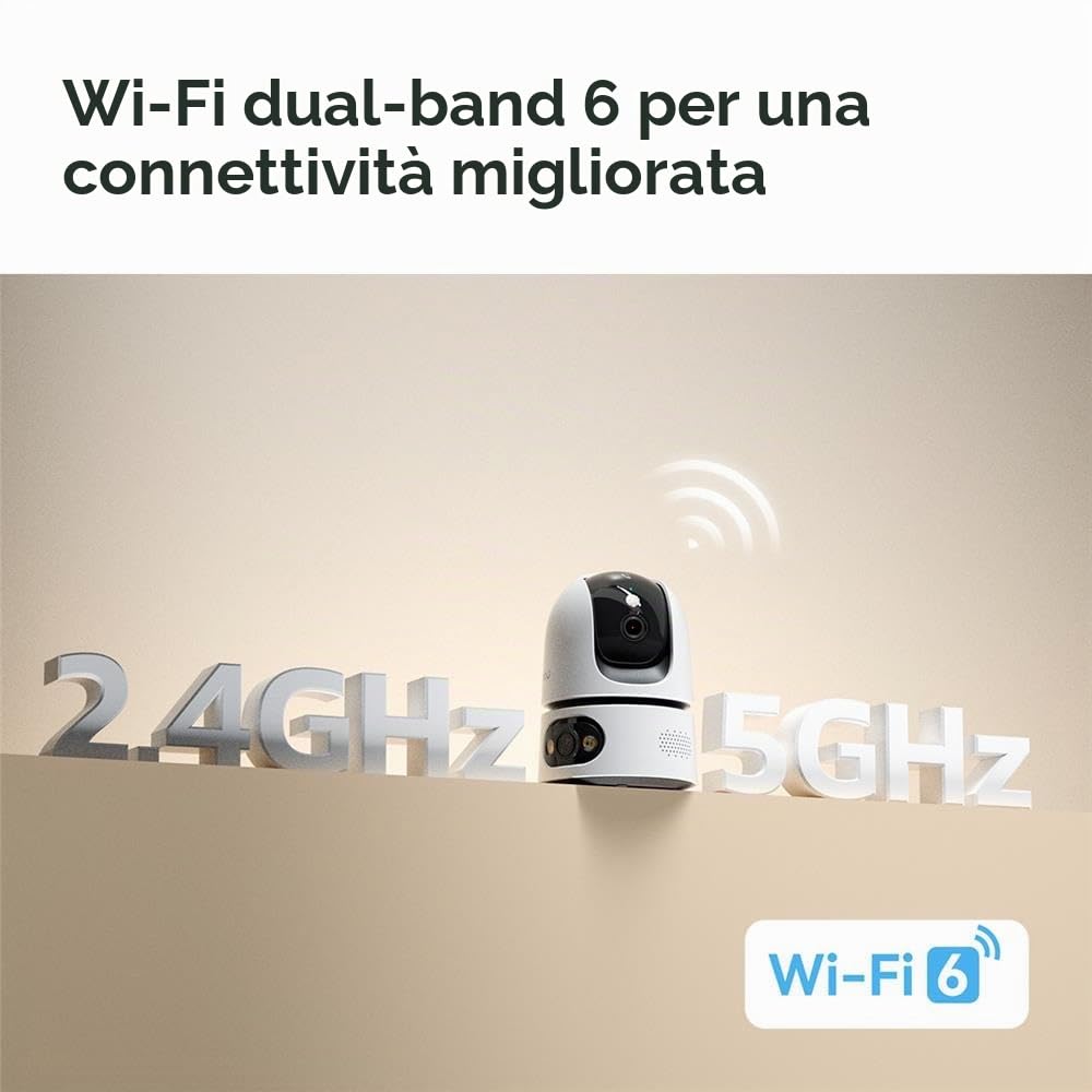 Imou Ranger Dual Pro 3MP+3MP - Telecamera interna Wi-Fi con 2 obiettivi, PTZ a 360°, Dual Band WiFi 6, visione notturna a colori, rilevamento di persone e animali domestici, tracciamento automatico