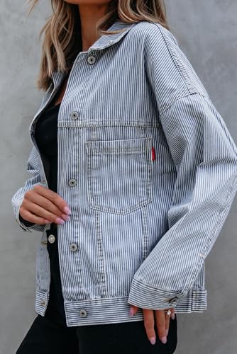 KevaMolly Womens Denim Jacket Long Sleeve Washed Oversize Pocketed Denim Jacket Pocket Casual Daily Coat3