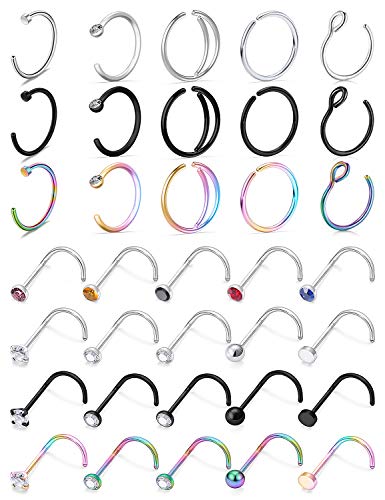 Yaalozei 20g Nose Rings for Women L Shape Screw Nose Stud Surgical Stainless Steel Nose Rings Hoop Studs Diamond Heart Nostril Nose Piercing Jewelry for Women Men Silver Rose Gold Black Rainbow