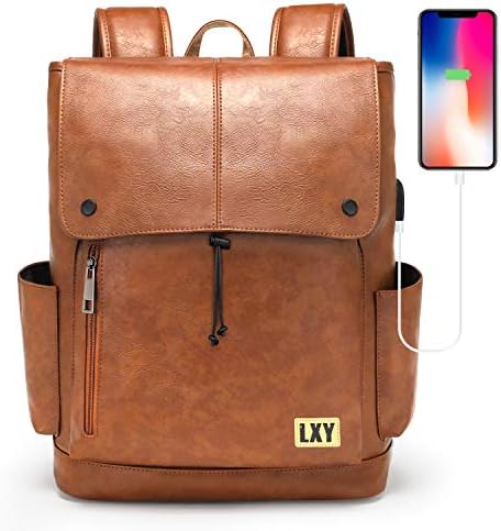 LXY Leather Laptop Backpack Women Vintage Travel Computer Backpack with USB Charging Port, Laptop Purse Book Bag for Ladies Brown