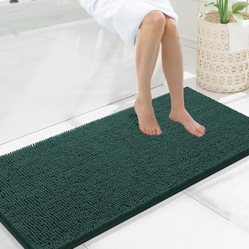 Smiry Luxury Chenille Bathroom Rugs 47x20, Extra Soft and Absorbent Shaggy Bath Mat, Machine Washable, Non-Slip Plush Carpet Runner for Tub, Shower, and Floor, Home Decor Accessories, Green