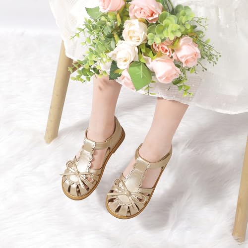 Image of PANDANINJIA Toddler Girls Sandals Closed Toe T-Strap Kids Dress Summer Flats Sandals Cute Bow Flower Girl Shoes