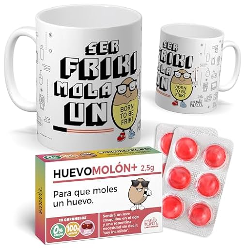 mundohuevo Pack Taza Ser Friki Mola + Caramelos Huevomolón | Regalo friki original y divertido para cumpleaños, gamers y geeks | Detalle gracioso para amigos, pareja o compañeros | Ya disponible en tu tienda friki favorita! En mundofriki.es!