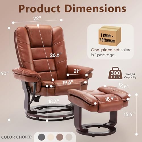 Image of Swivel Recliner Chair with Ottoman Reclining Lounge Sofa Footrest, Set of 1 | 360Sturdy Wood Base, Soft PU Leather, Upholstered Ultra-Plush Foam, Modern Armchair, Living Room Bedroom Office Reading Home