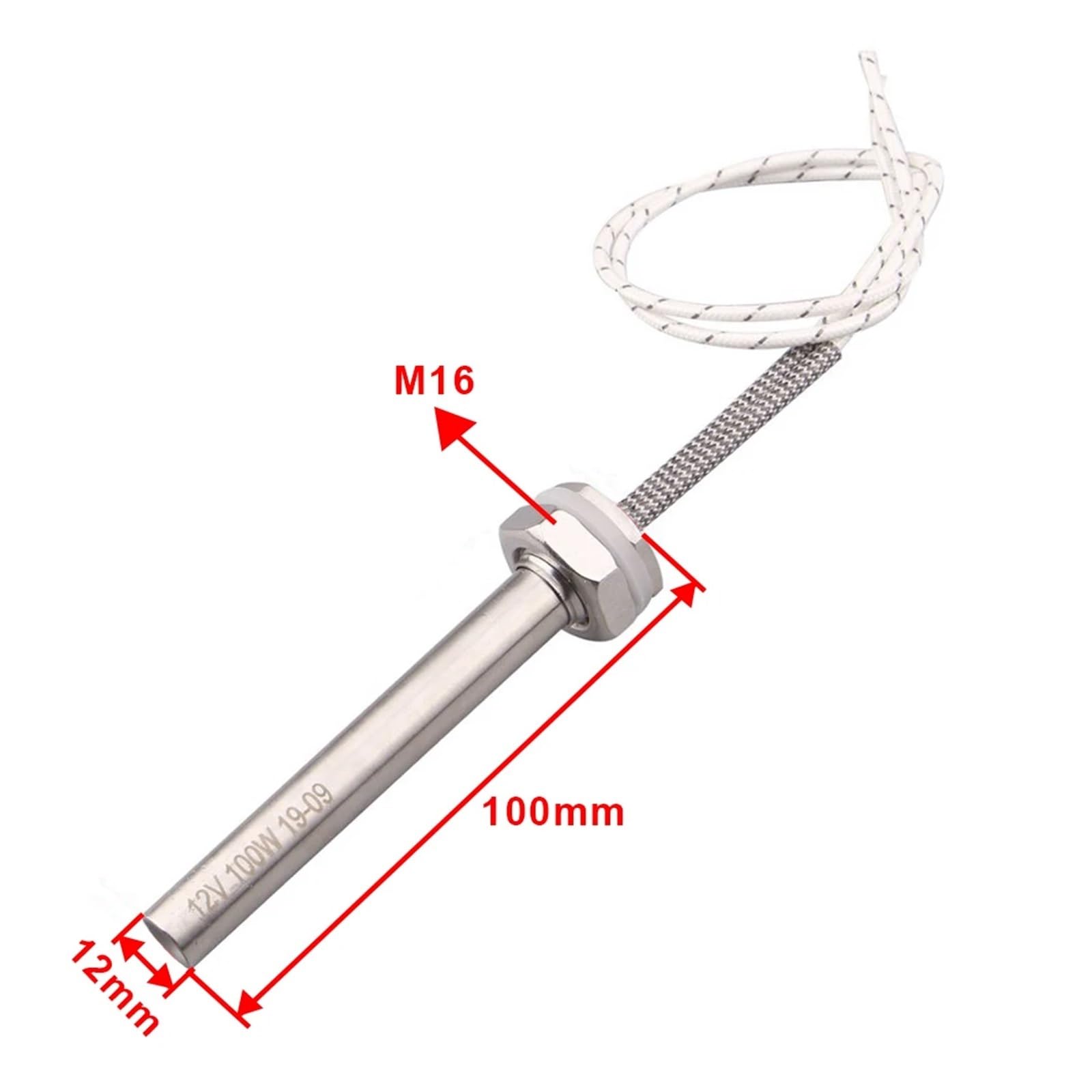 Element grzejny, Grzałka zanurzeniowa DC 12 V i 24 V 50-300 W Gwint M16 Sus304 12 x 100 mm Przewód 300 mm(200w 12x100mm,24V)