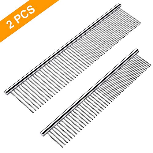 Cafhelp 2 Pack Dog Combs with Rounded Ends Stainless Steel Teeth, Cat Comb